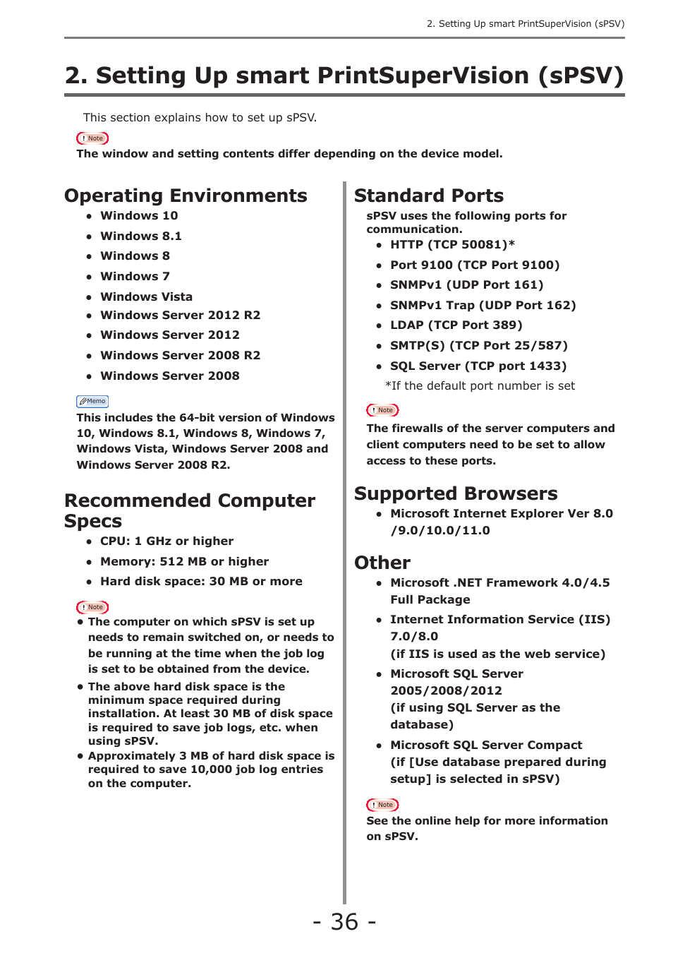 Setting up smart printsupervision (spsv), Operating environments, Recommended computer specs | Standard ports, Supported browsers, Other, P. 36 | Oki MC363dn User Manual | Page 36 / 257