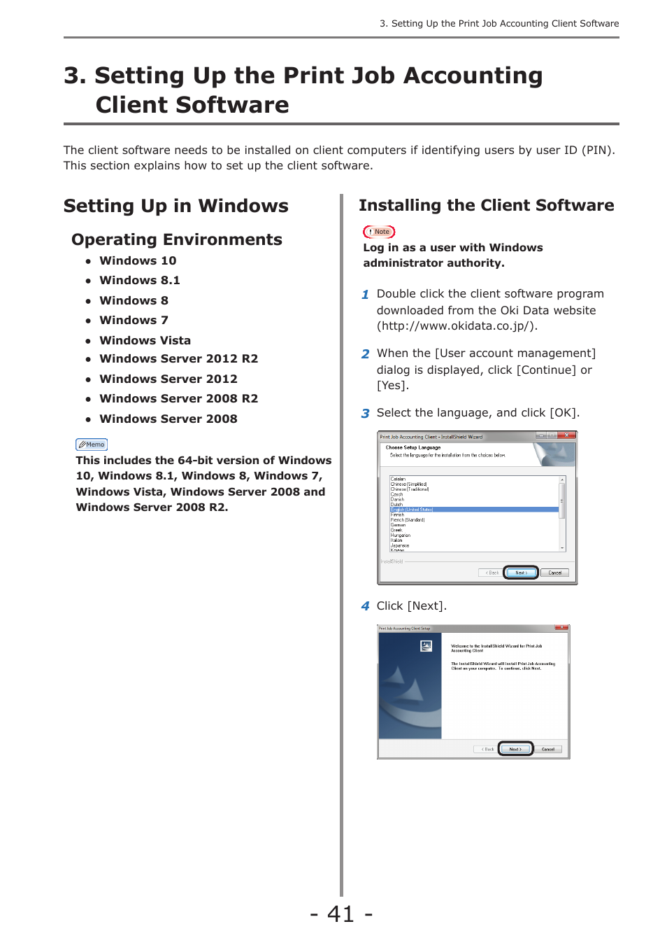 Setting up in windows, Operating environments, Installing the client software | P. 41 | Oki MC363dn User Manual | Page 41 / 257