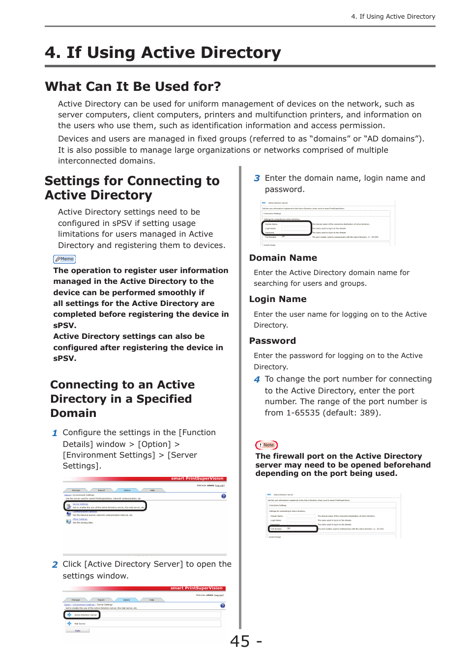If using active directory, What can it be used for, Settings for connecting to active directory | P. 45 | Oki MC363dn User Manual | Page 45 / 257