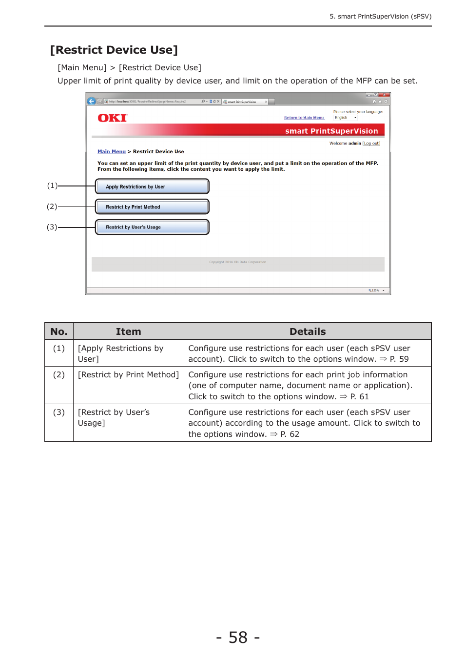 Restrict device use, P. 58 | Oki MC363dn User Manual | Page 58 / 257