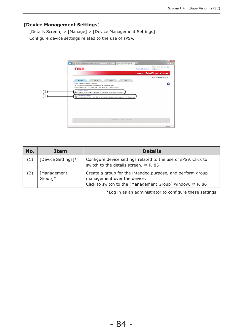 P. 84, Management settings (p. 84 | Oki MC363dn User Manual | Page 84 / 257