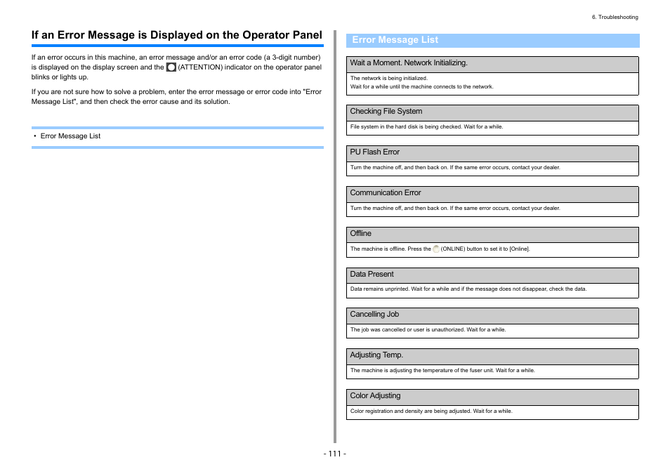 Error message list | Oki C532dn User Manual | Page 111 / 131