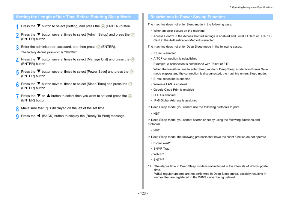 Restrictions in power saving function, Setting the length of idle time before, Entering sleep mode | Oki C532dn User Manual | Page 123 / 131