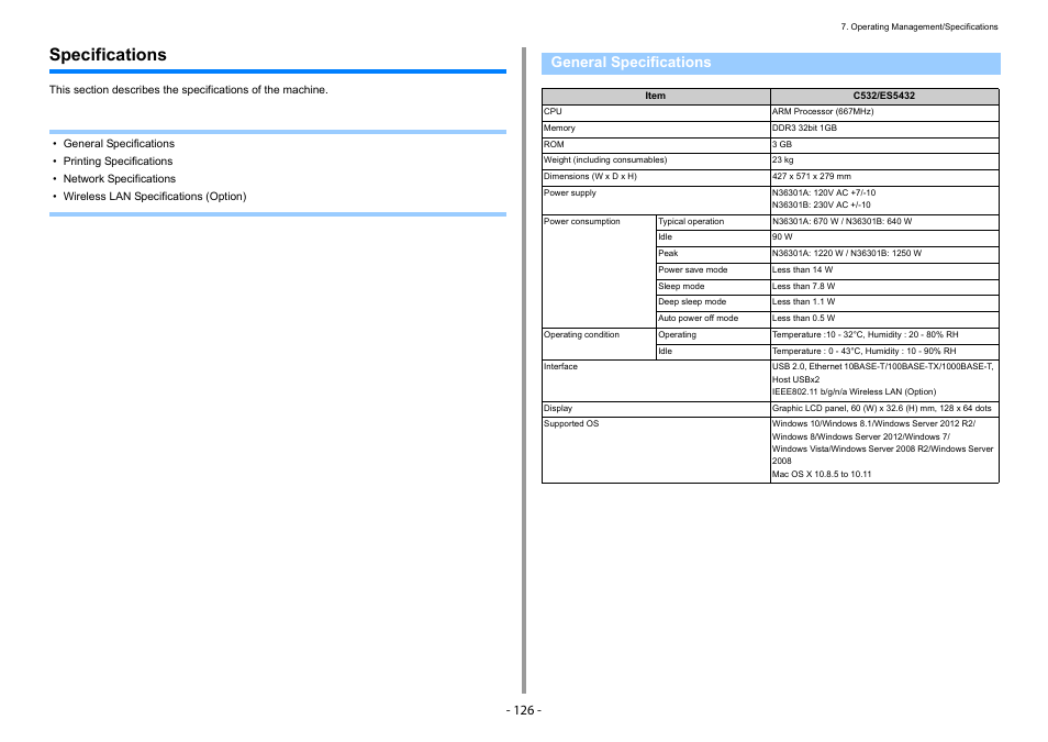 Specifications, General specifications | Oki C532dn User Manual | Page 126 / 131