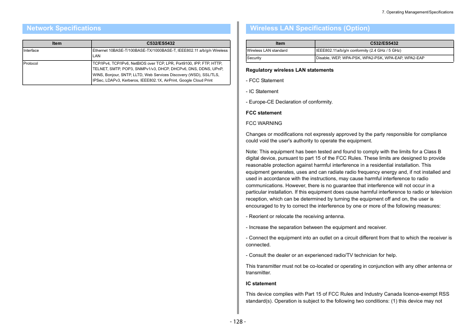 Network specifications, Wireless lan specifications (option) | Oki C532dn User Manual | Page 128 / 131