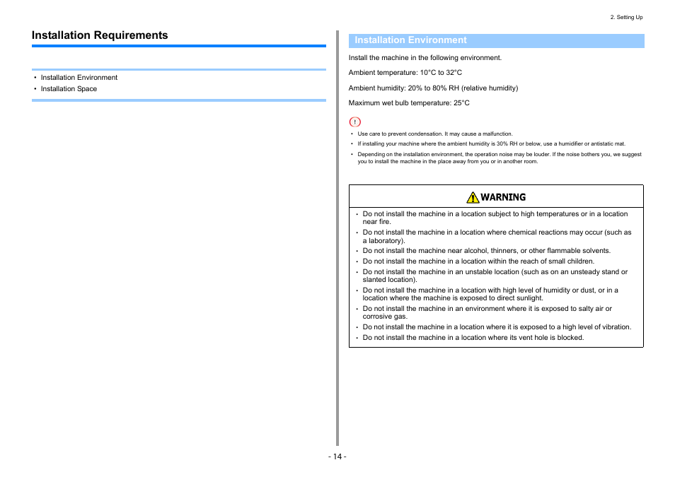 Installation requirements, Installation environment | Oki C532dn User Manual | Page 14 / 131