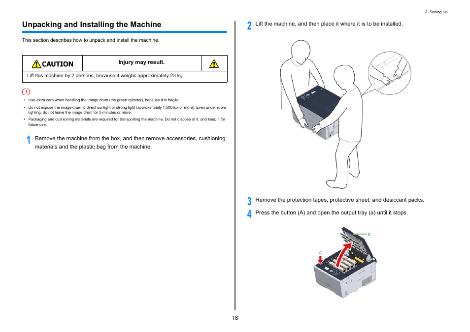 Unpacking and installing the machine | Oki C532dn User Manual | Page 18 / 131