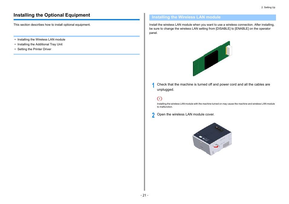 Installing the optional equipment, Installing the wireless lan module | Oki C532dn User Manual | Page 21 / 131