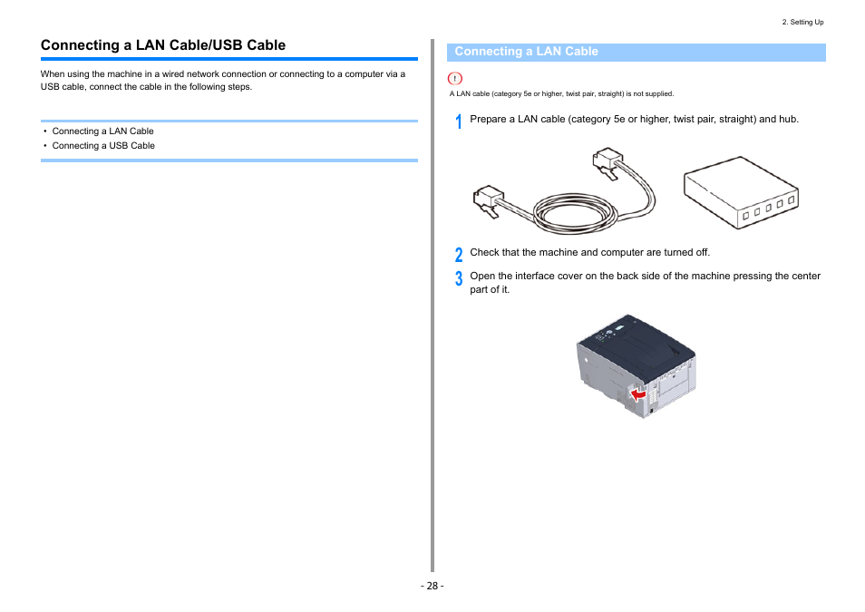 Connecting a lan cable/usb cable, Connecting a lan cable | Oki C532dn User Manual | Page 28 / 131