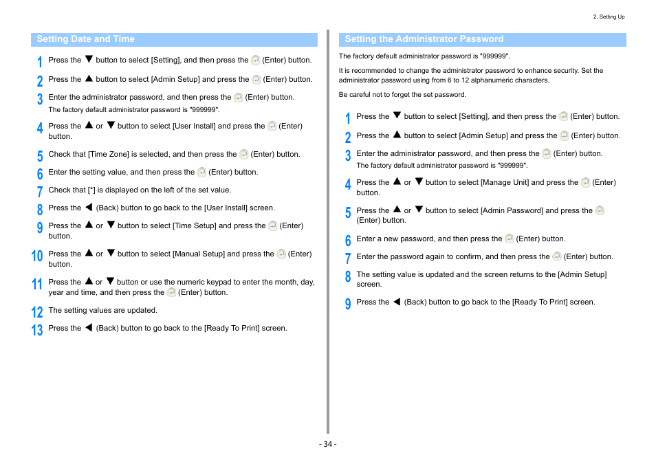 Setting date and time, Setting the administrator password | Oki C532dn User Manual | Page 34 / 131