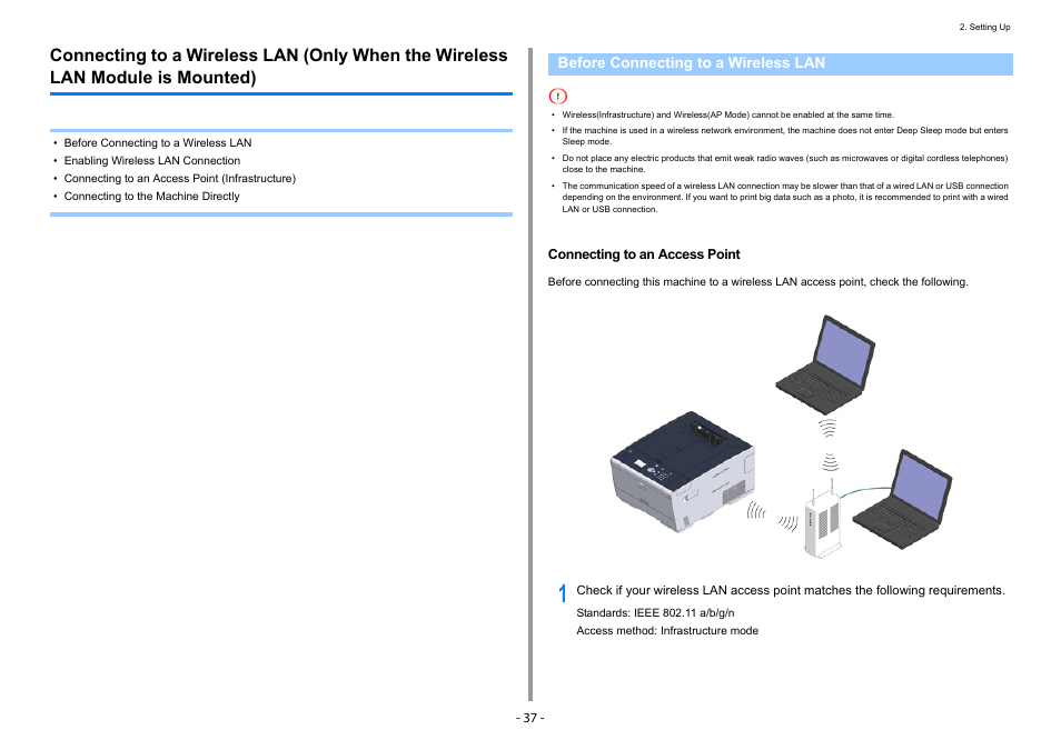 Before connecting to a wireless lan, Connecting to an access point | Oki C532dn User Manual | Page 37 / 131