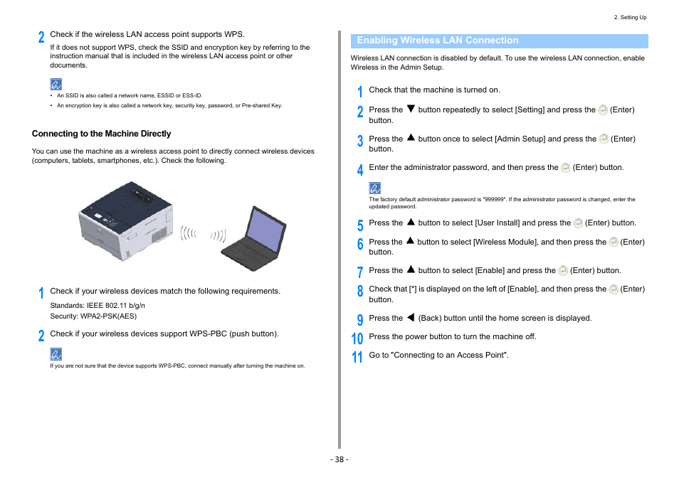 Connecting to the machine directly, Enabling wireless lan connection | Oki C532dn User Manual | Page 38 / 131