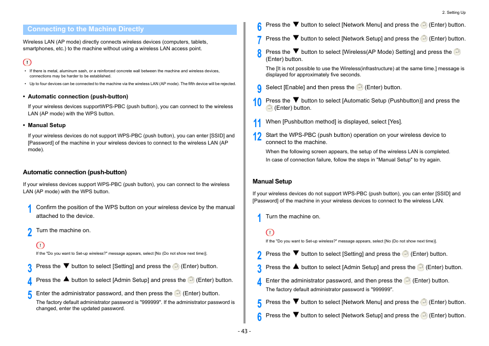 Connecting to the machine directly, Automatic connection (push-button), Manual setup | Oki C532dn User Manual | Page 43 / 131
