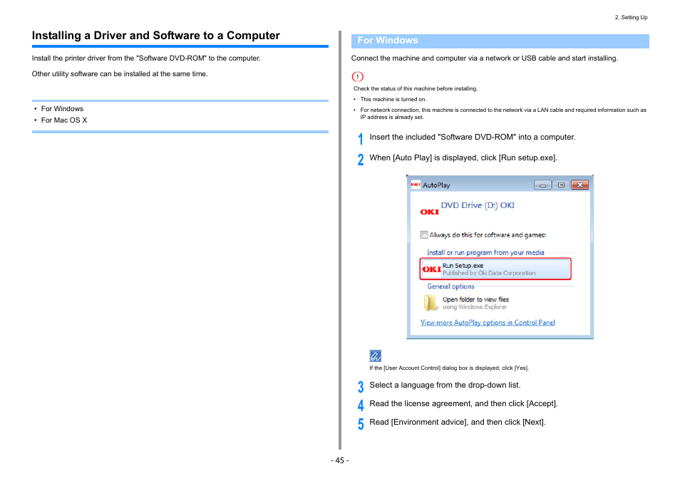 Installing a driver and software to a computer, For windows | Oki C532dn User Manual | Page 45 / 131