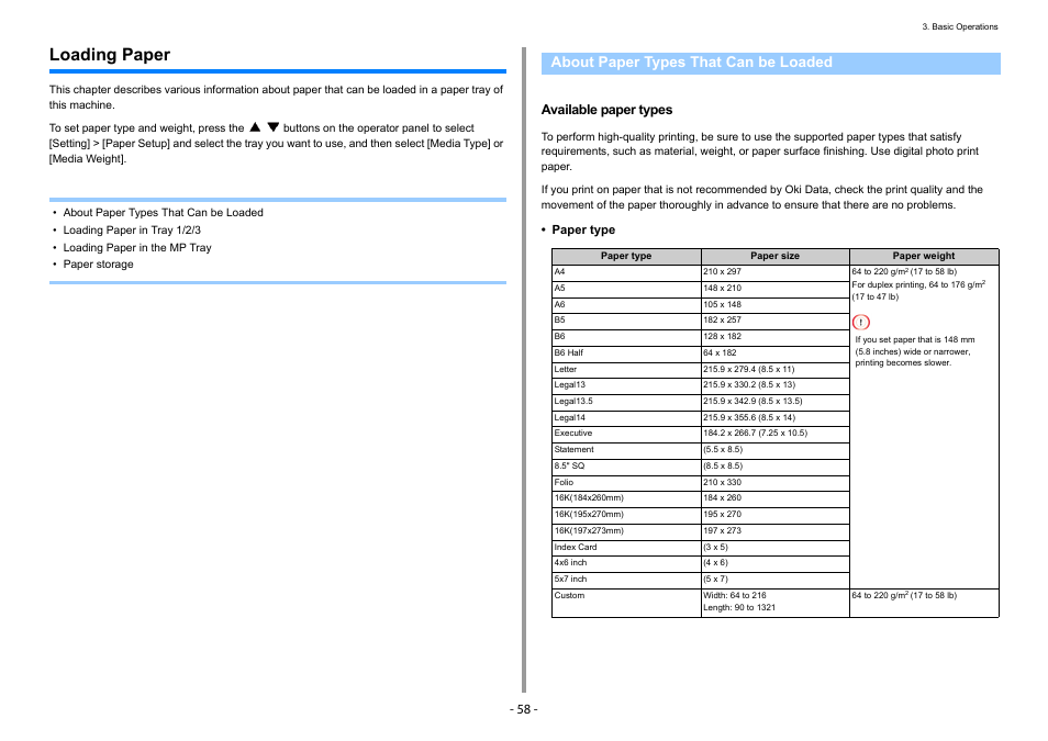 Loading paper, About paper types that can be loaded, Available paper types | Oki C532dn User Manual | Page 58 / 131