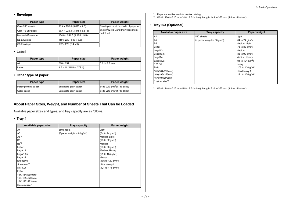 Envelope • label • other type of paper, Tray 1, Tray 2/3 (optional) | Oki C532dn User Manual | Page 59 / 131