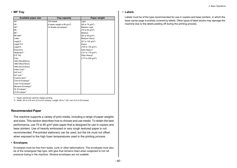 Recommended paper, Mp tray, Labels | Oki C532dn User Manual | Page 60 / 131