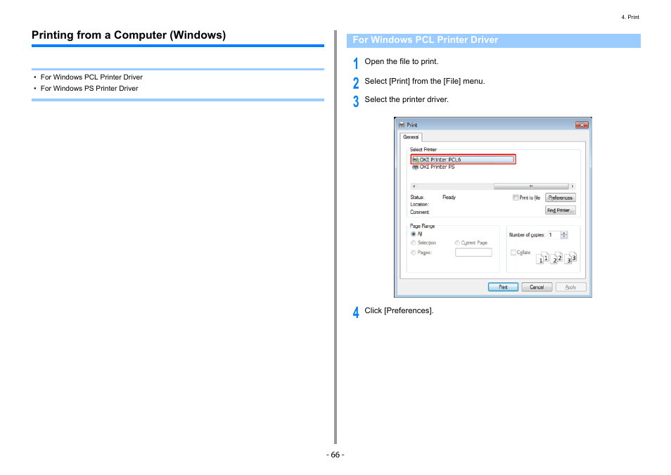 Printing from a computer (windows), For windows pcl printer driver | Oki C532dn User Manual | Page 66 / 131