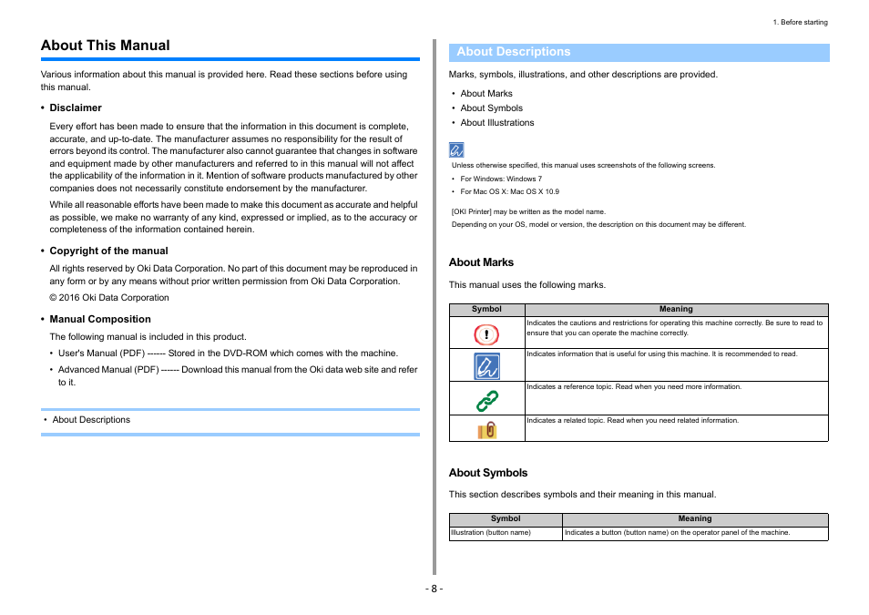 About this manual, About descriptions, About marks | About symbols | Oki C532dn User Manual | Page 8 / 131