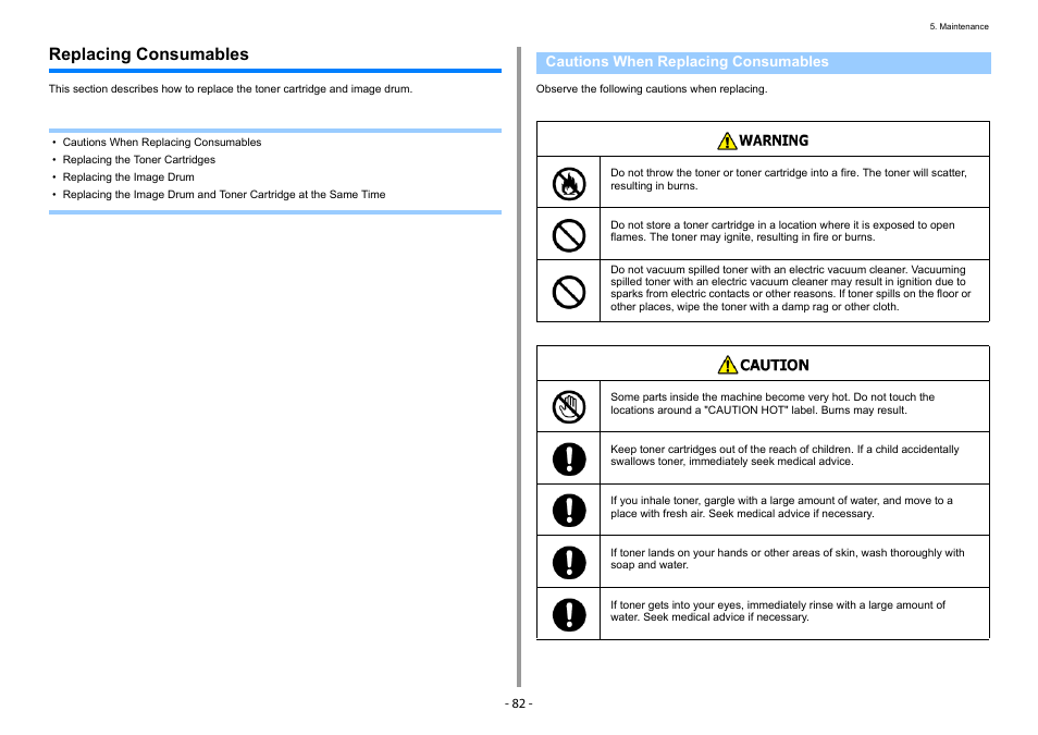 Replacing consumables, Cautions when replacing consumables | Oki C532dn User Manual | Page 82 / 131