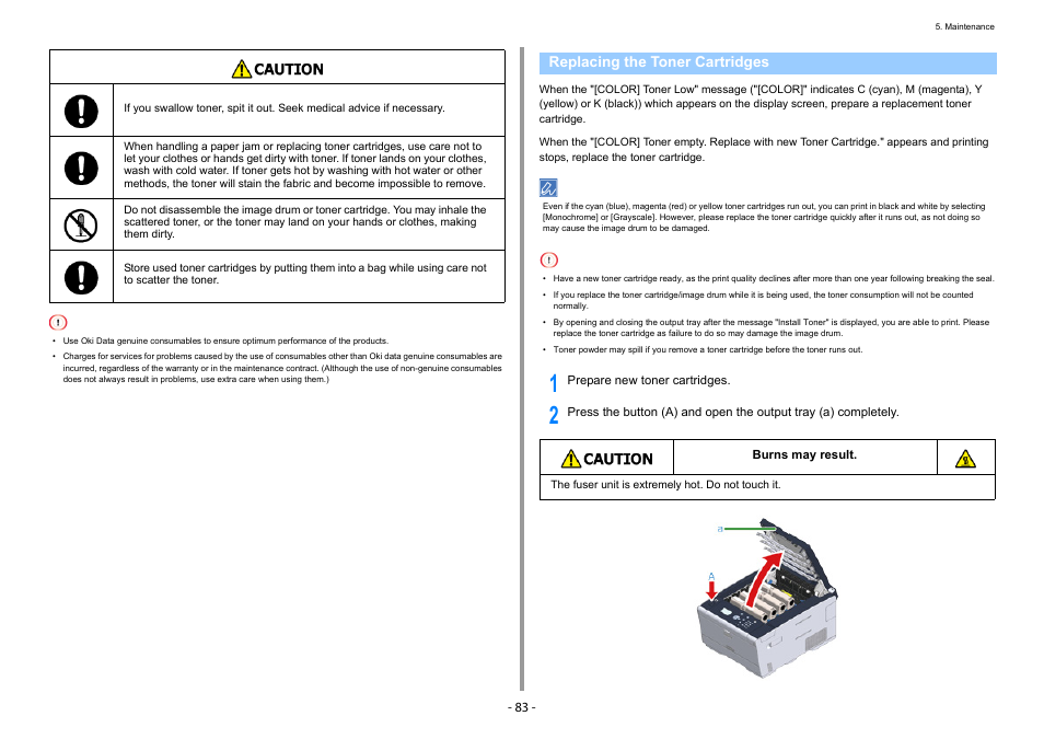 Replacing the toner cartridges | Oki C532dn User Manual | Page 83 / 131