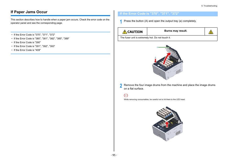 If paper jams occur, If the error code is "370", "371", "372 | Oki C532dn User Manual | Page 95 / 131