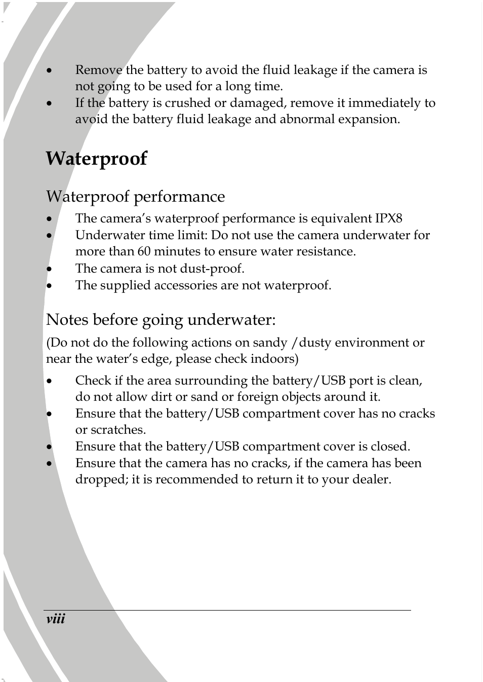 Waterproof, Waterproof performance | PRAKTICA DPIX5000WP HD-DV Camera User Manual | Page 10 / 78