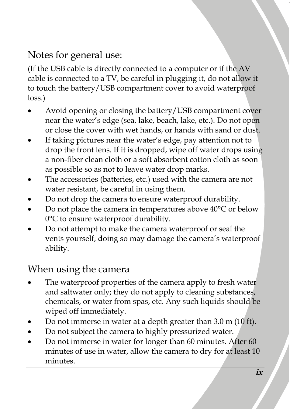 When using the camera | PRAKTICA DPIX5000WP HD-DV Camera User Manual | Page 11 / 78