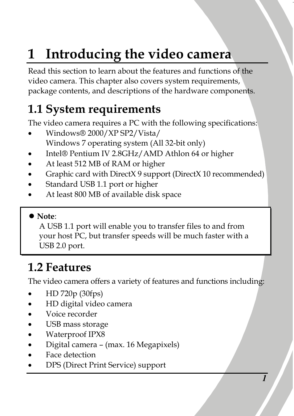 1 introducing the video camera, 1 system requirements, 2 features | PRAKTICA DPIX5000WP HD-DV Camera User Manual | Page 15 / 78