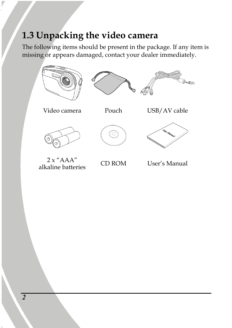 3 unpacking the video camera | PRAKTICA DPIX5000WP HD-DV Camera User Manual | Page 16 / 78