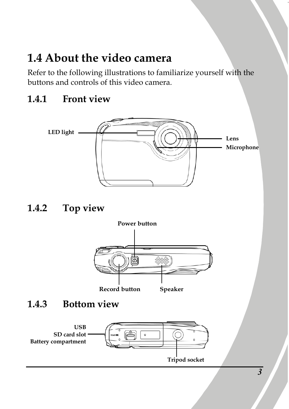 4 about the video camera, 1 front view, 2 top view | 3 bottom view | PRAKTICA DPIX5000WP HD-DV Camera User Manual | Page 17 / 78