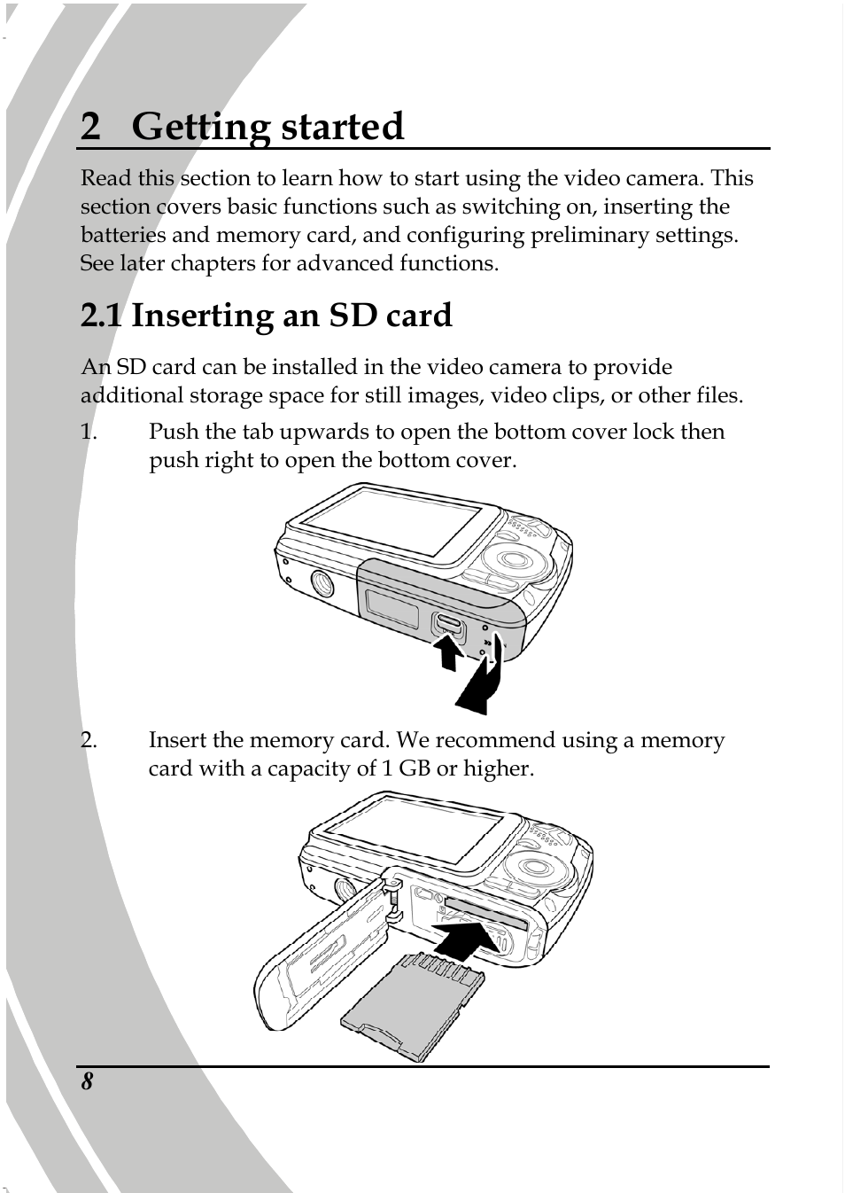2 getting started, 1 inserting an sd card | PRAKTICA DPIX5000WP HD-DV Camera User Manual | Page 22 / 78