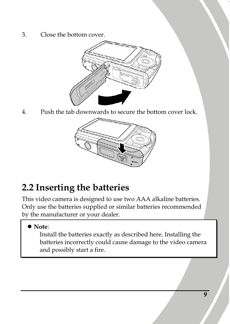 2 inserting the batteries | PRAKTICA DPIX5000WP HD-DV Camera User Manual | Page 23 / 78