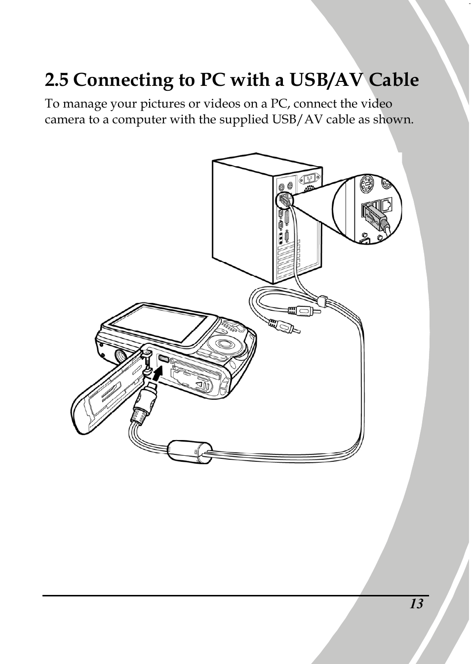 5 connecting to pc with a usb/av cable | PRAKTICA DPIX5000WP HD-DV Camera User Manual | Page 27 / 78