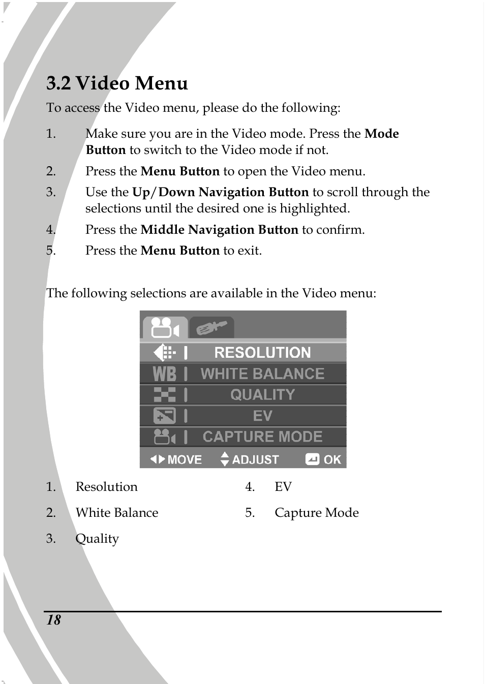 2 video menu | PRAKTICA DPIX5000WP HD-DV Camera User Manual | Page 32 / 78