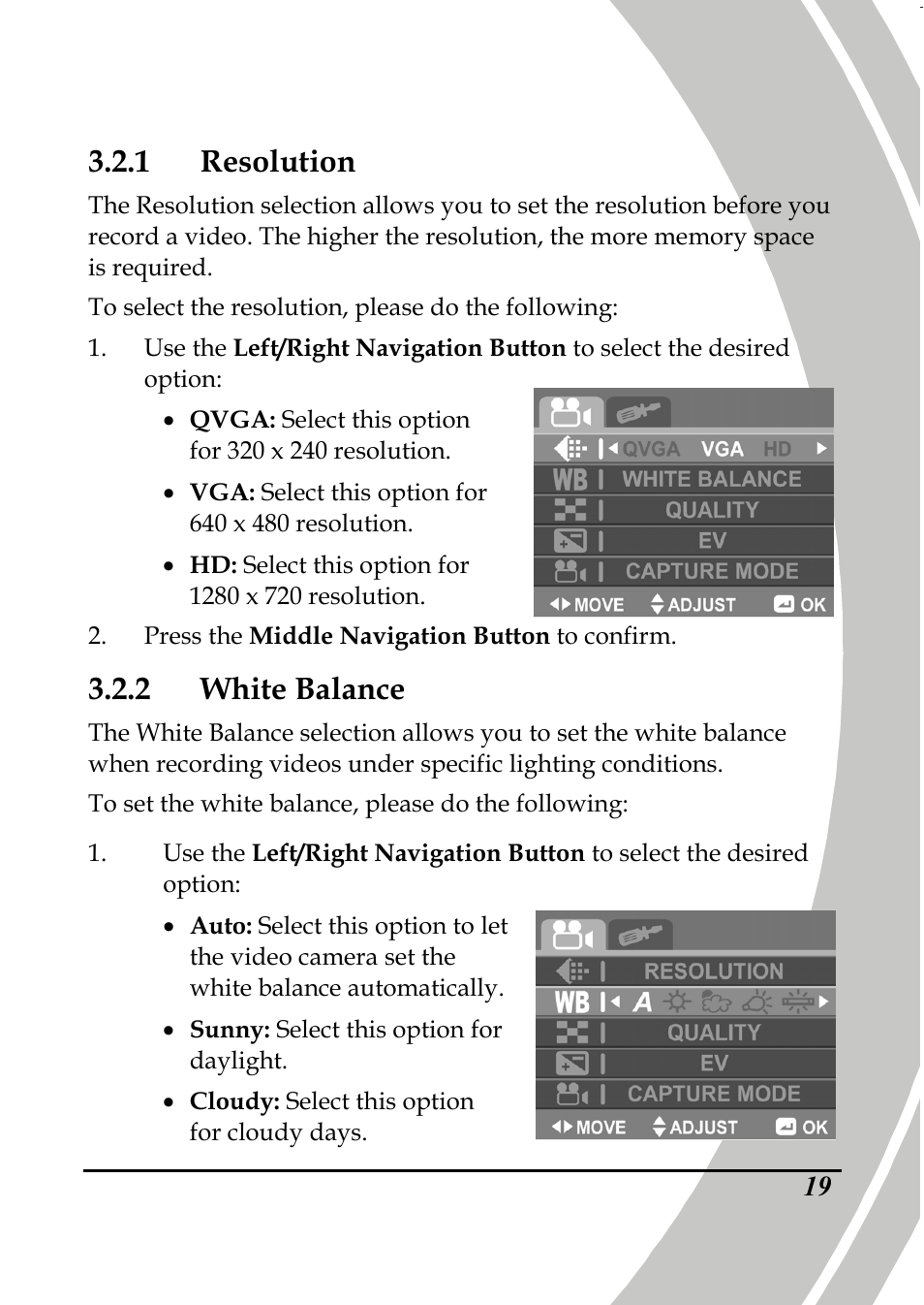 1 resolution, 2 white balance | PRAKTICA DPIX5000WP HD-DV Camera User Manual | Page 33 / 78