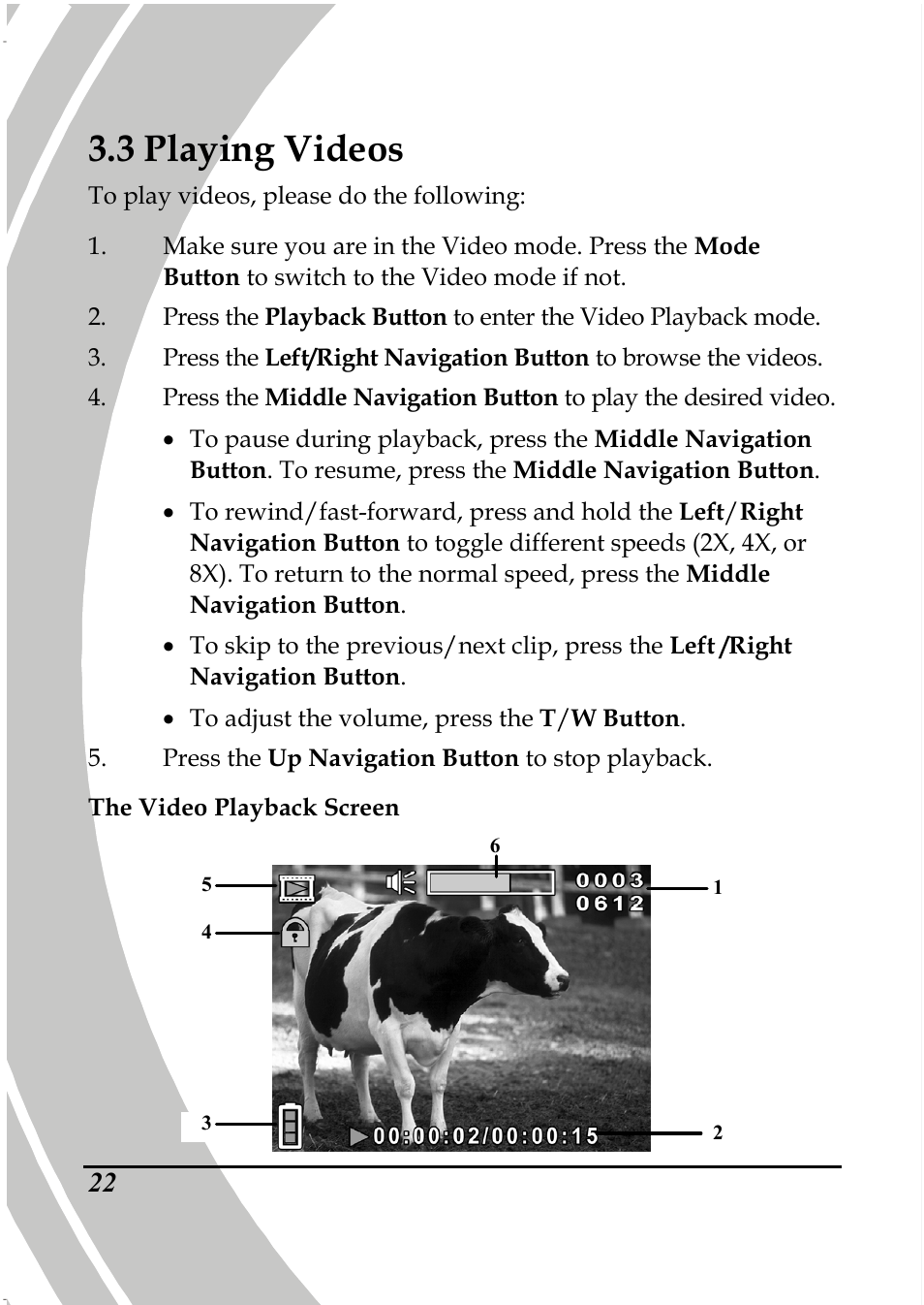 3 playing videos | PRAKTICA DPIX5000WP HD-DV Camera User Manual | Page 36 / 78