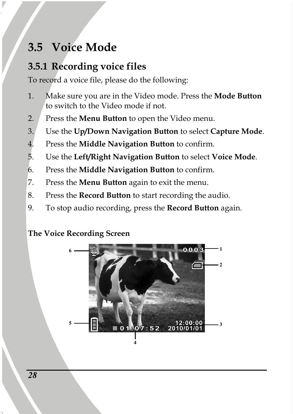 5 voice mode, 1 recording voice files | PRAKTICA DPIX5000WP HD-DV Camera User Manual | Page 42 / 78