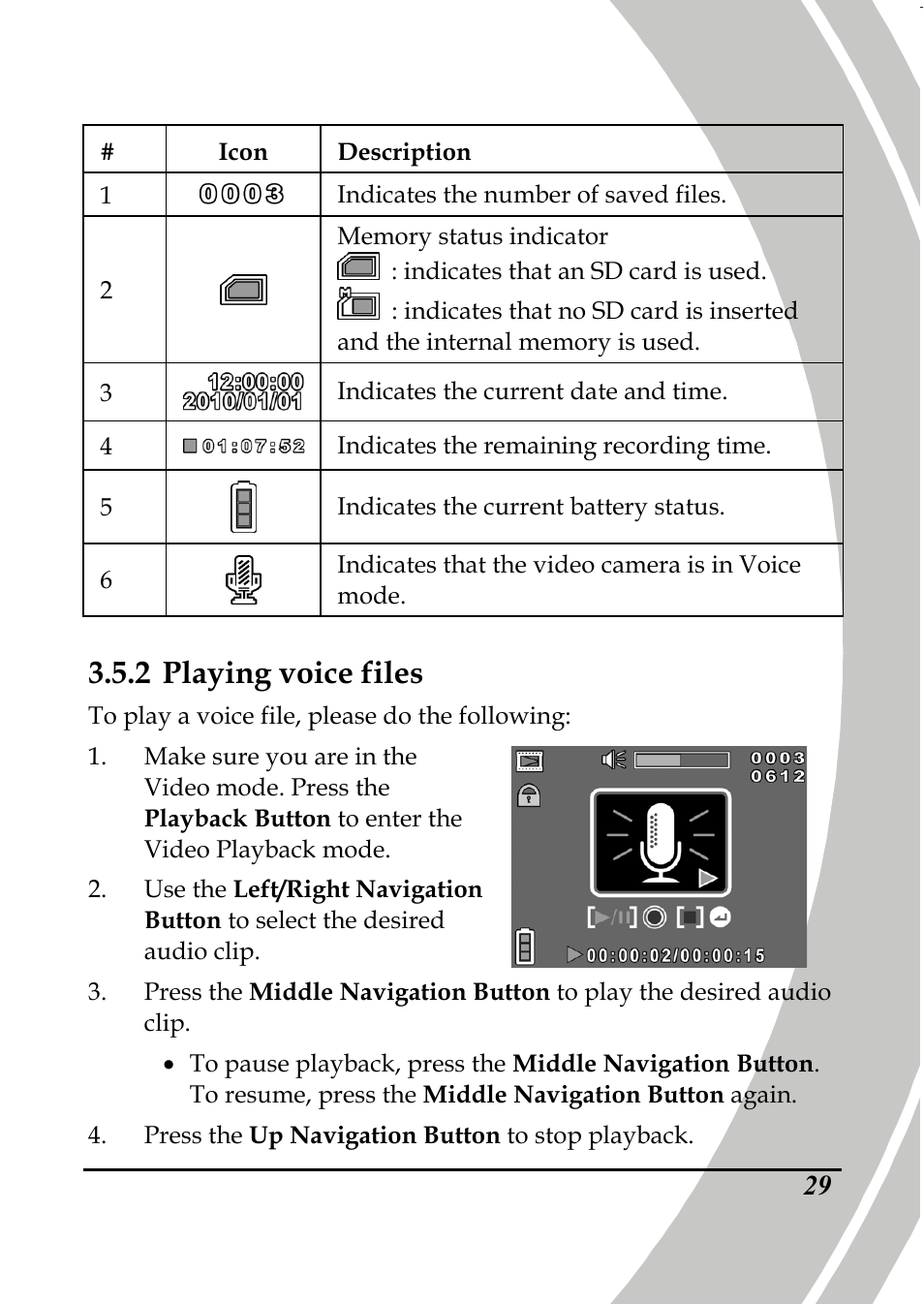 2 playing voice files | PRAKTICA DPIX5000WP HD-DV Camera User Manual | Page 43 / 78