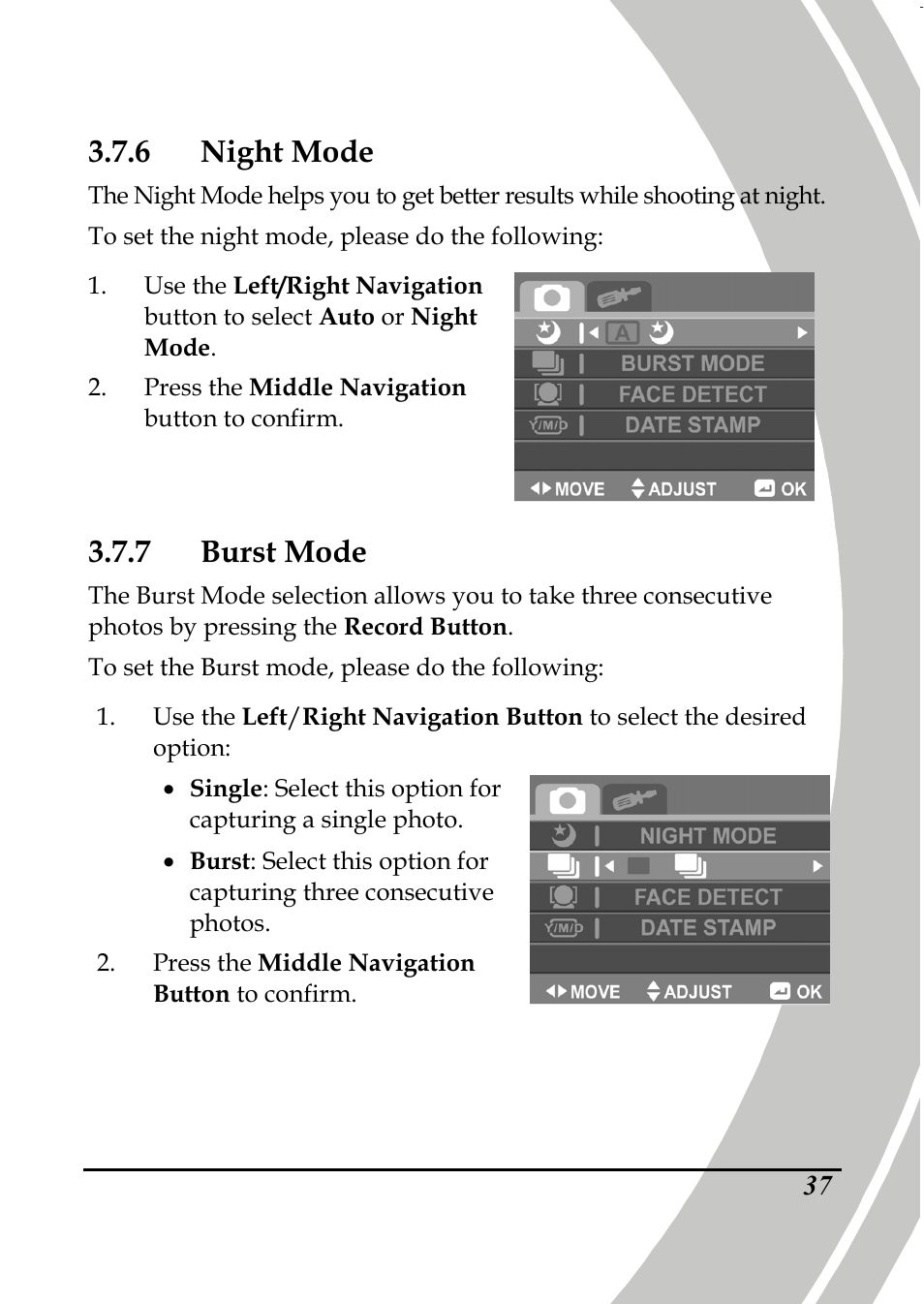 6 night mode, 7 burst mode | PRAKTICA DPIX5000WP HD-DV Camera User Manual | Page 51 / 78
