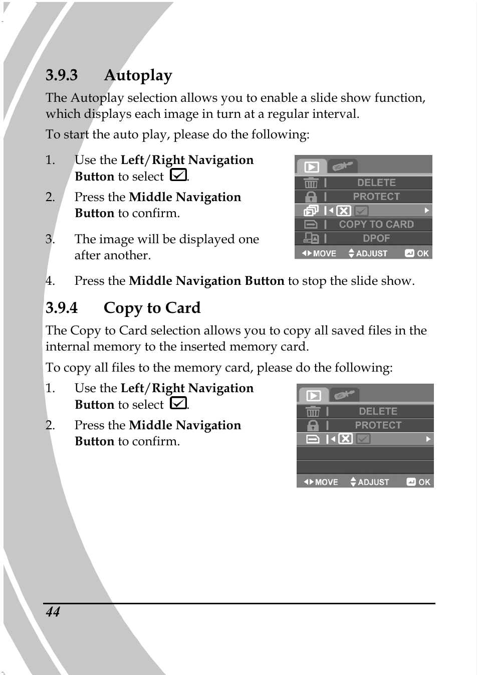 3 autoplay, 4 copy to card | PRAKTICA DPIX5000WP HD-DV Camera User Manual | Page 58 / 78