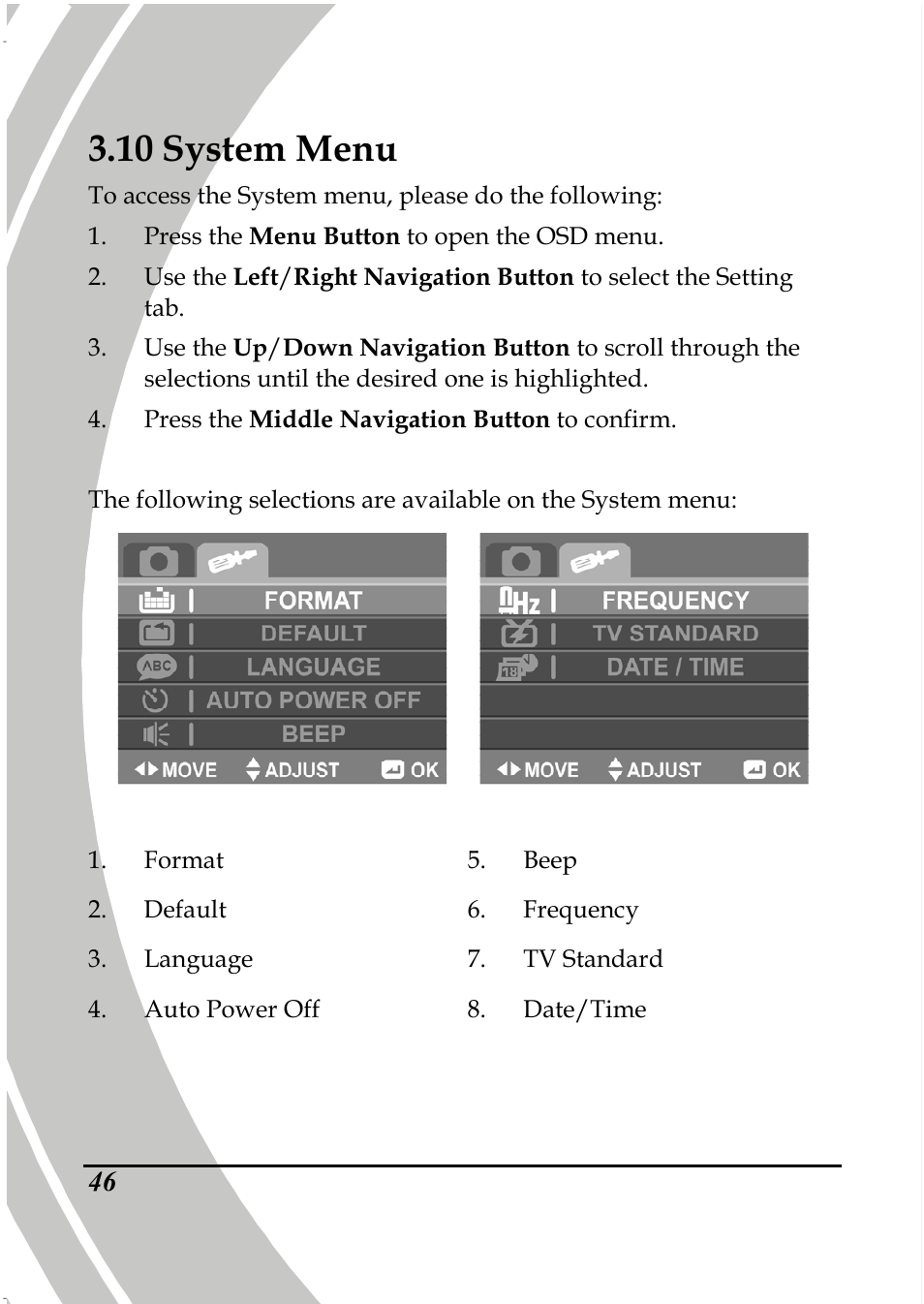 10 system menu | PRAKTICA DPIX5000WP HD-DV Camera User Manual | Page 60 / 78