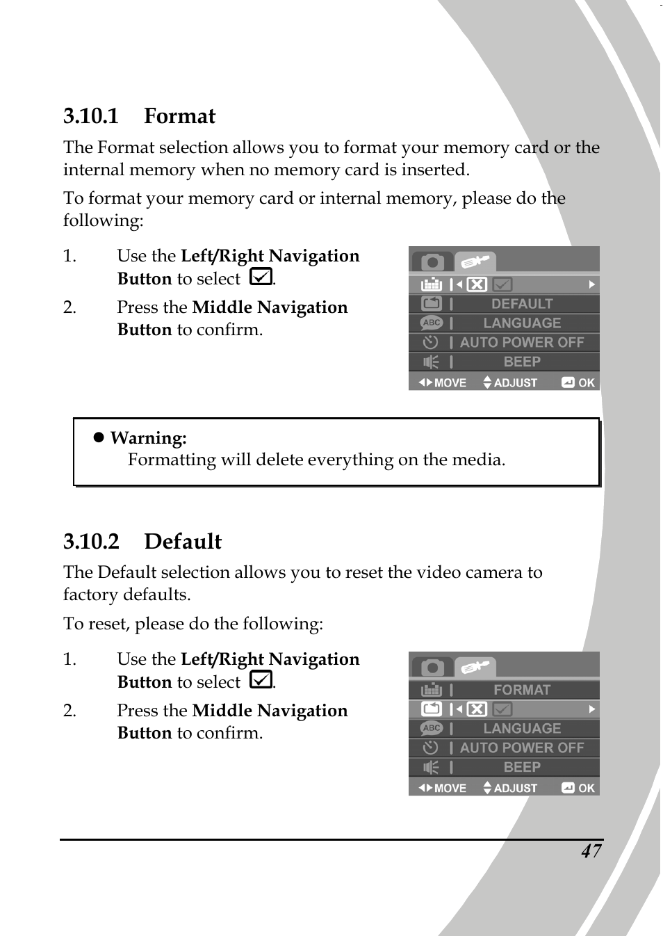 1 format, 2 default | PRAKTICA DPIX5000WP HD-DV Camera User Manual | Page 61 / 78