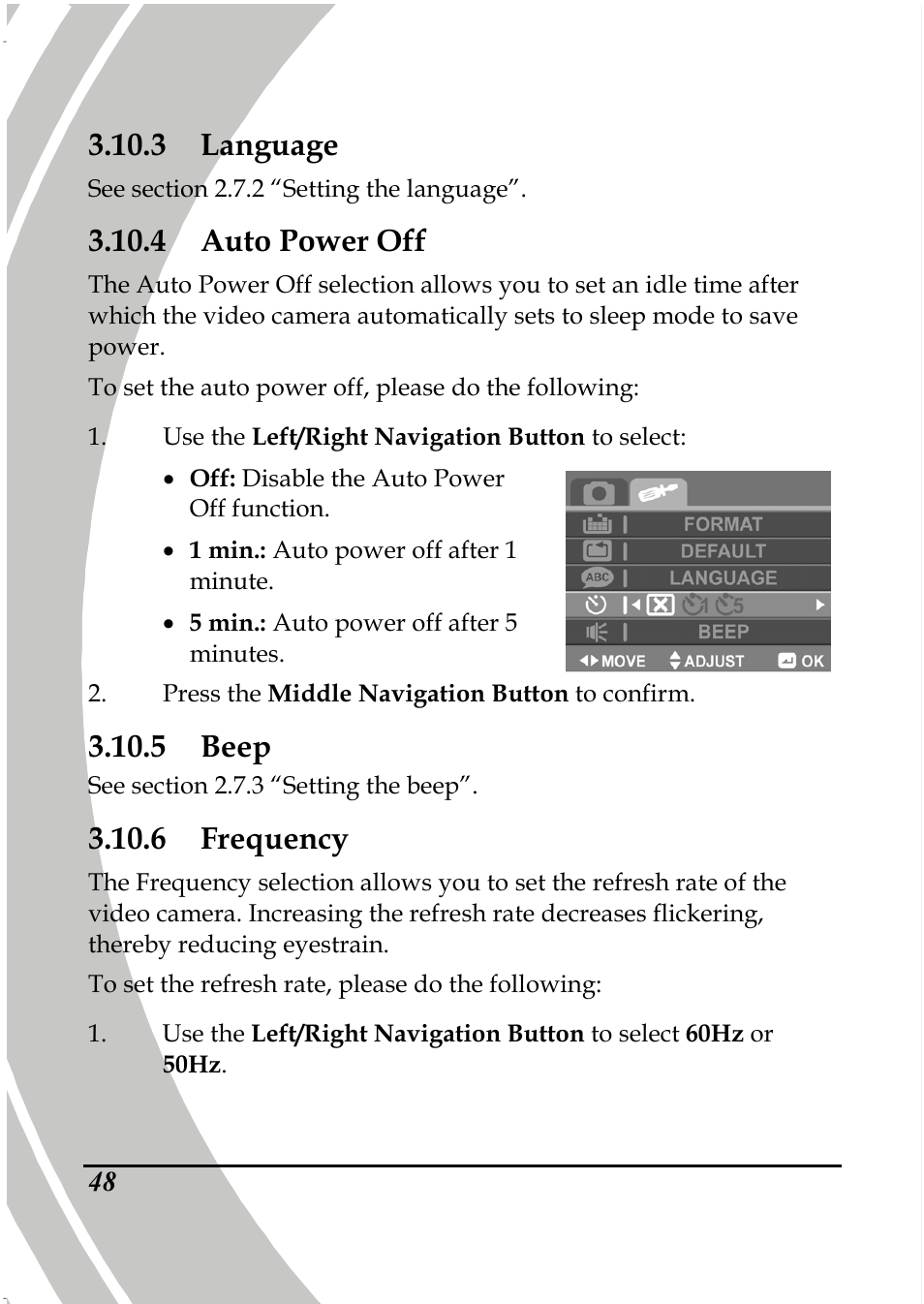 3 language, 4 auto power off, 5 beep | 6 frequency | PRAKTICA DPIX5000WP HD-DV Camera User Manual | Page 62 / 78