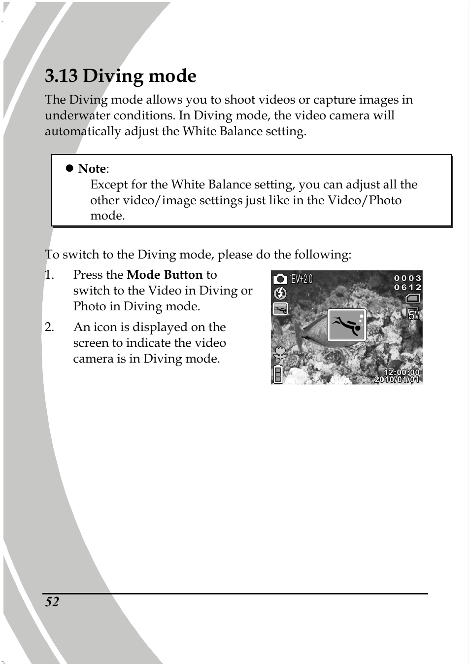 13 diving mode | PRAKTICA DPIX5000WP HD-DV Camera User Manual | Page 66 / 78