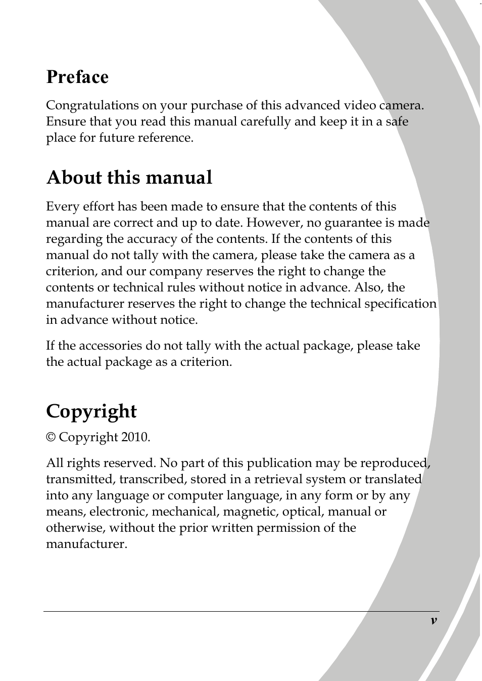 Preface, About this manual, Copyright | PRAKTICA DPIX5000WP HD-DV Camera User Manual | Page 7 / 78
