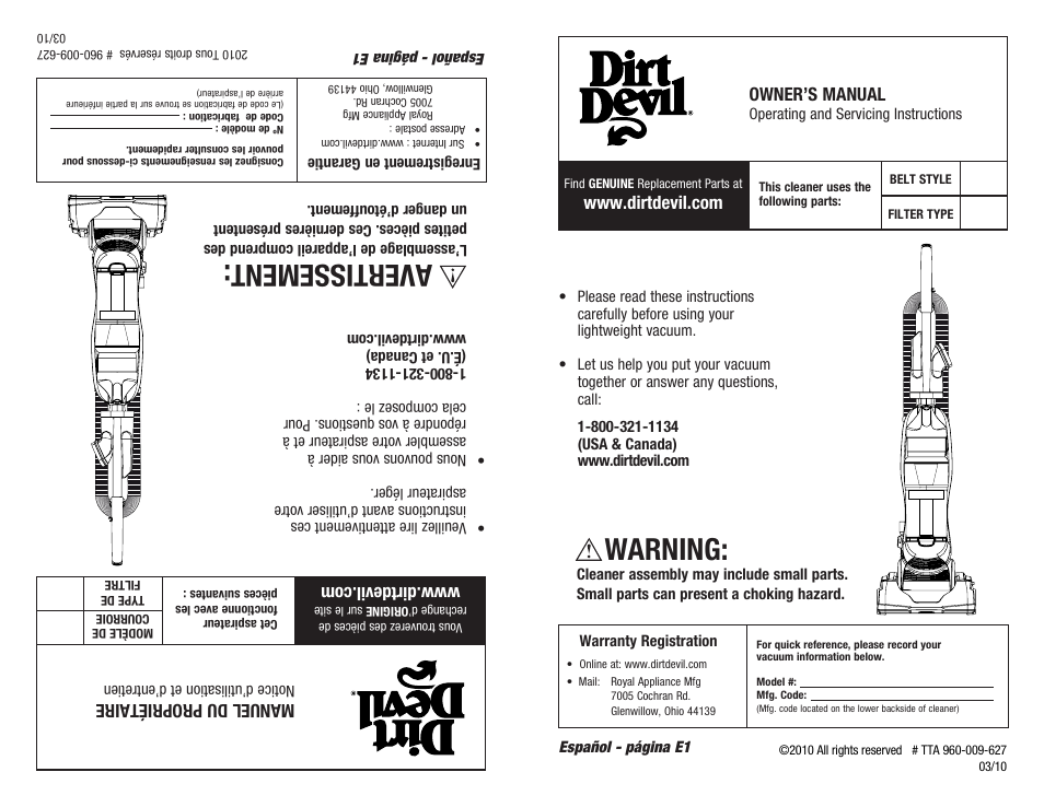 Dirt Devil 960-009-627 User Manual | 17 pages