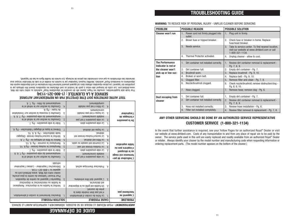 Troubleshooting guide, Guide de dépannage | Dirt Devil 960-009-627 User Manual | Page 11 / 17