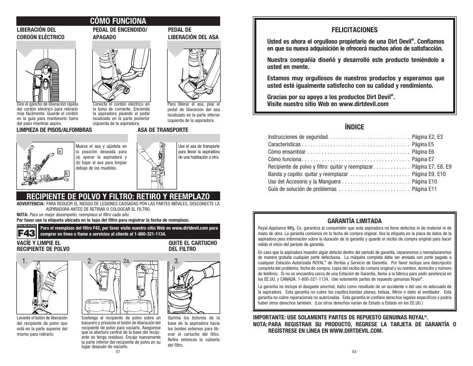 Índice, Felicitaciones | Dirt Devil 960-009-627 User Manual | Page 16 / 17