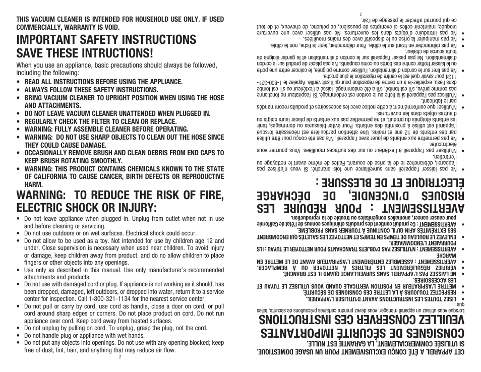 Consignes de sécurité importantes, Veu ill ez con ser ver ce s in str uct ion s | Dirt Devil 960-009-627 User Manual | Page 2 / 17